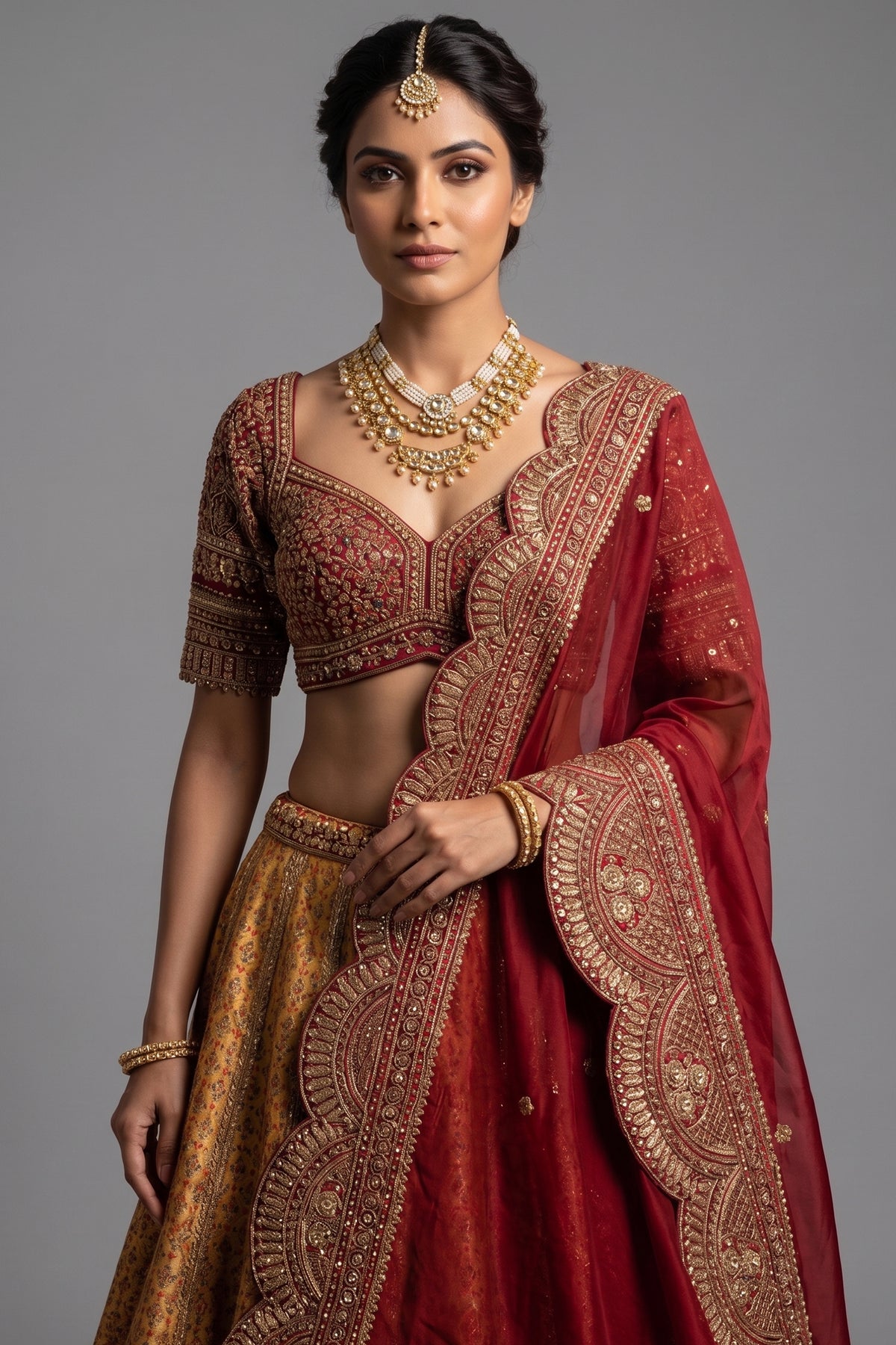 Golden Matka Silk Printed Lehenga with Contrast Scallop Border - gold silk saree