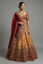 Golden Matka Silk Printed Lehenga with Contrast Scallop Border - gold silk saree