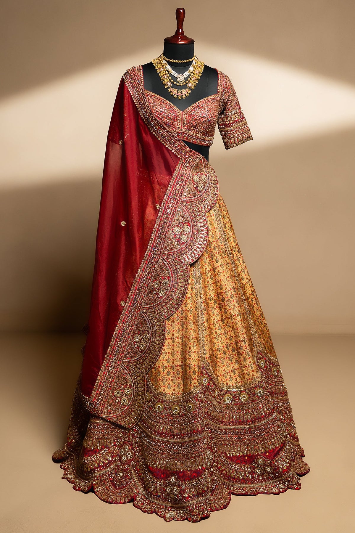 Golden Matka Silk Printed Lehenga with Contrast Scallop Border