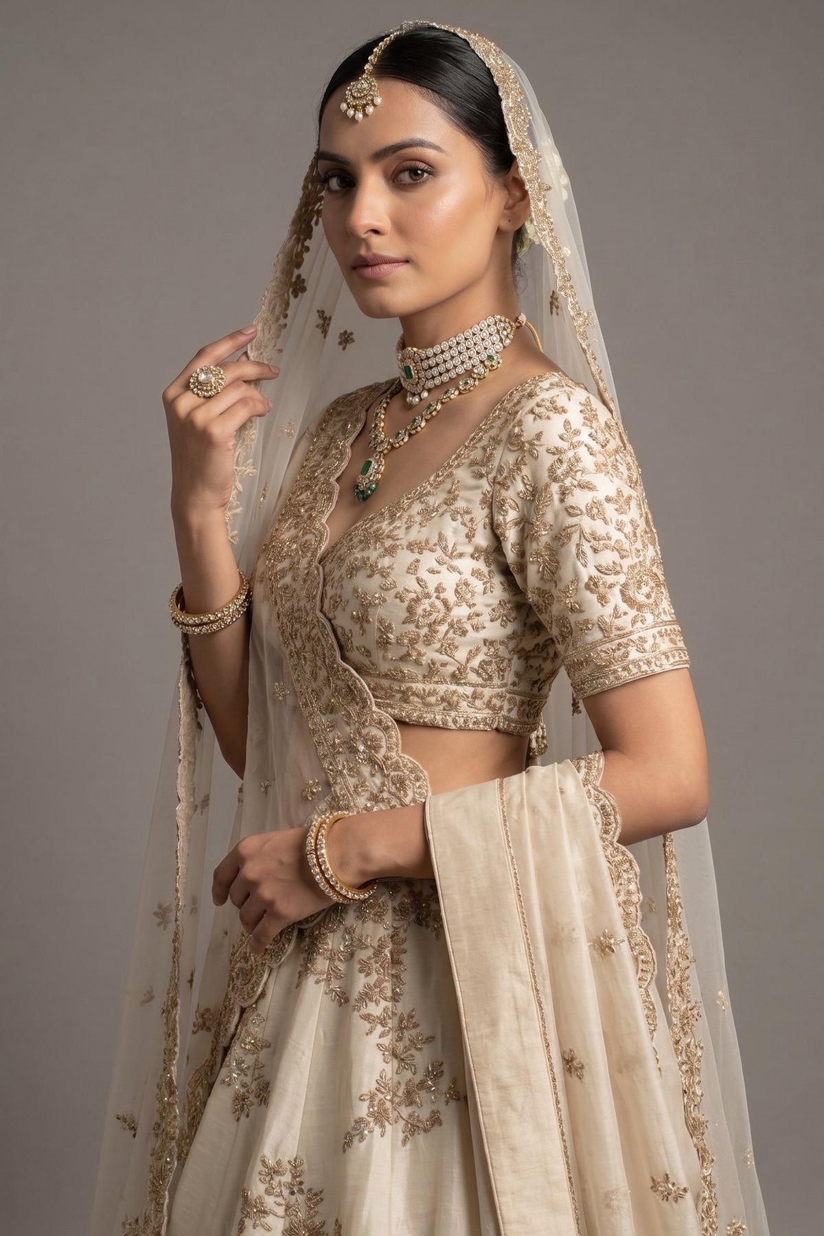 Pearl White Raw Silk Designer Zardosi Worked Lehenga with Double Dupatta - white silk saree