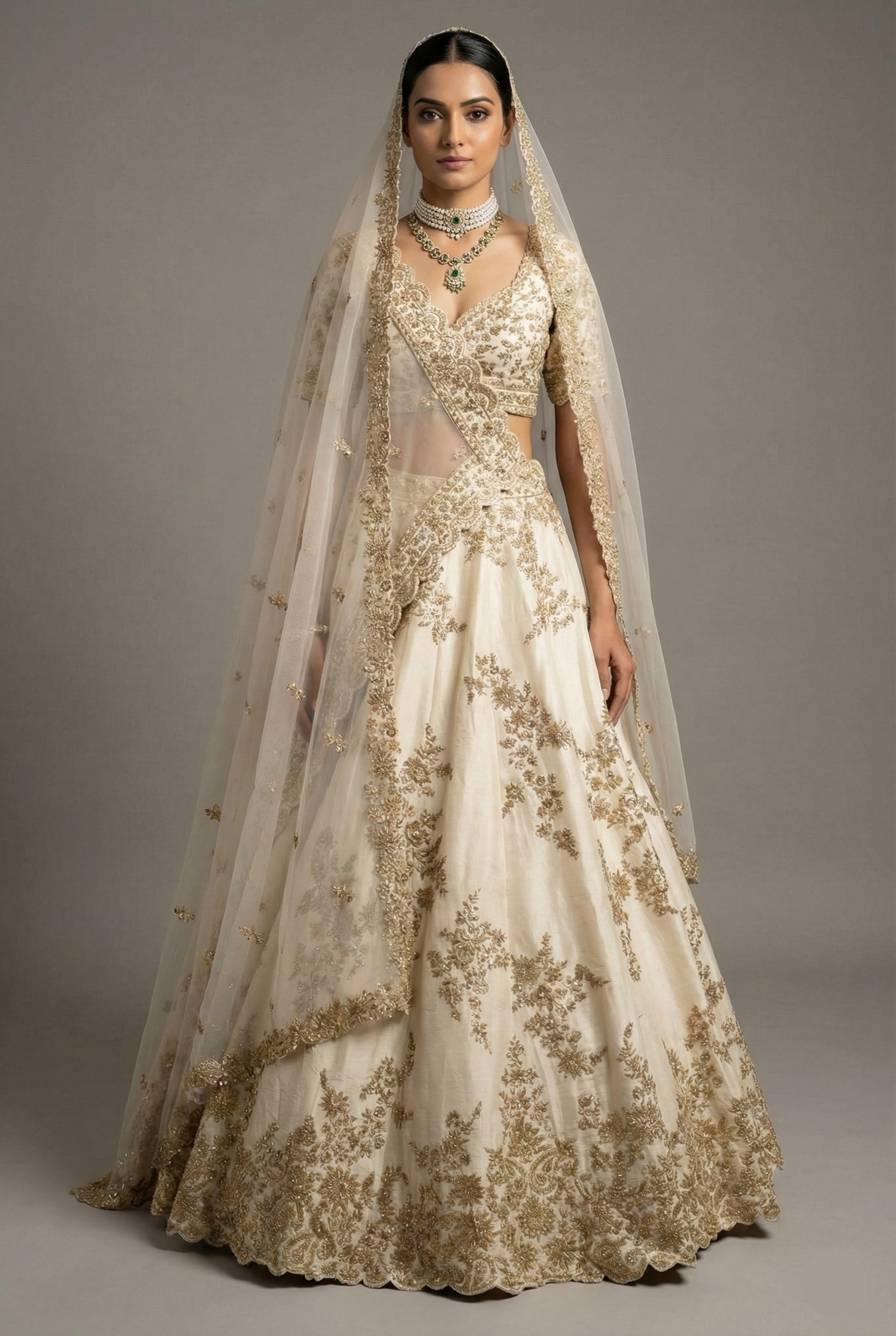 Pearl White Raw Silk Designer Zardosi Worked Lehenga with Double Dupatta - white silk saree Main image