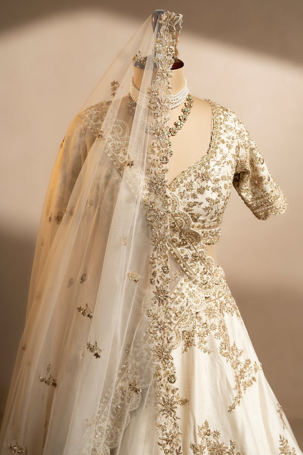 Pearl White Raw Silk Designer Zardosi Worked Lehenga with Double Dupatta - white silk saree