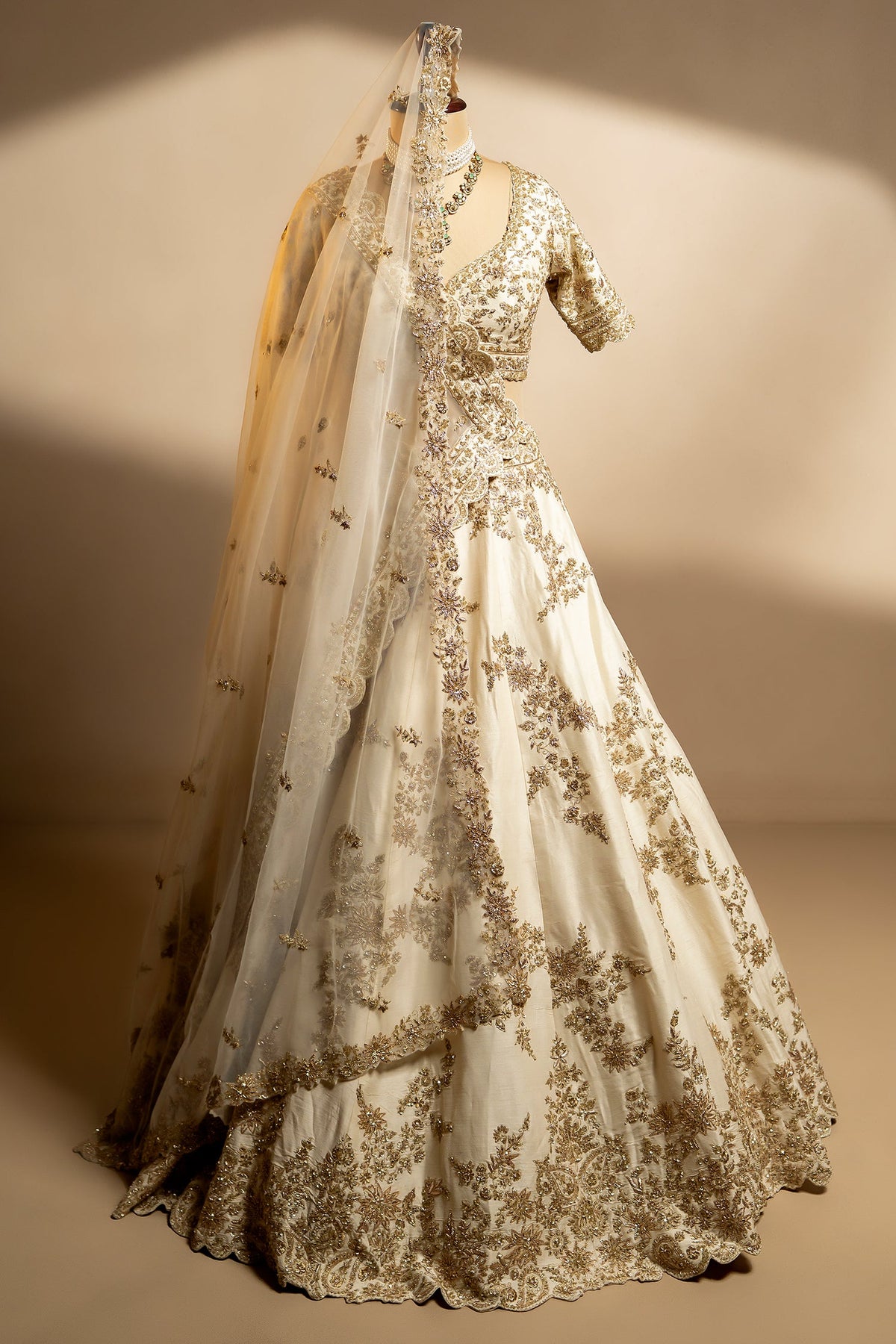 Pearl White Raw Silk Designer Zardosi Worked Lehenga with Double Dupatta - white silk saree