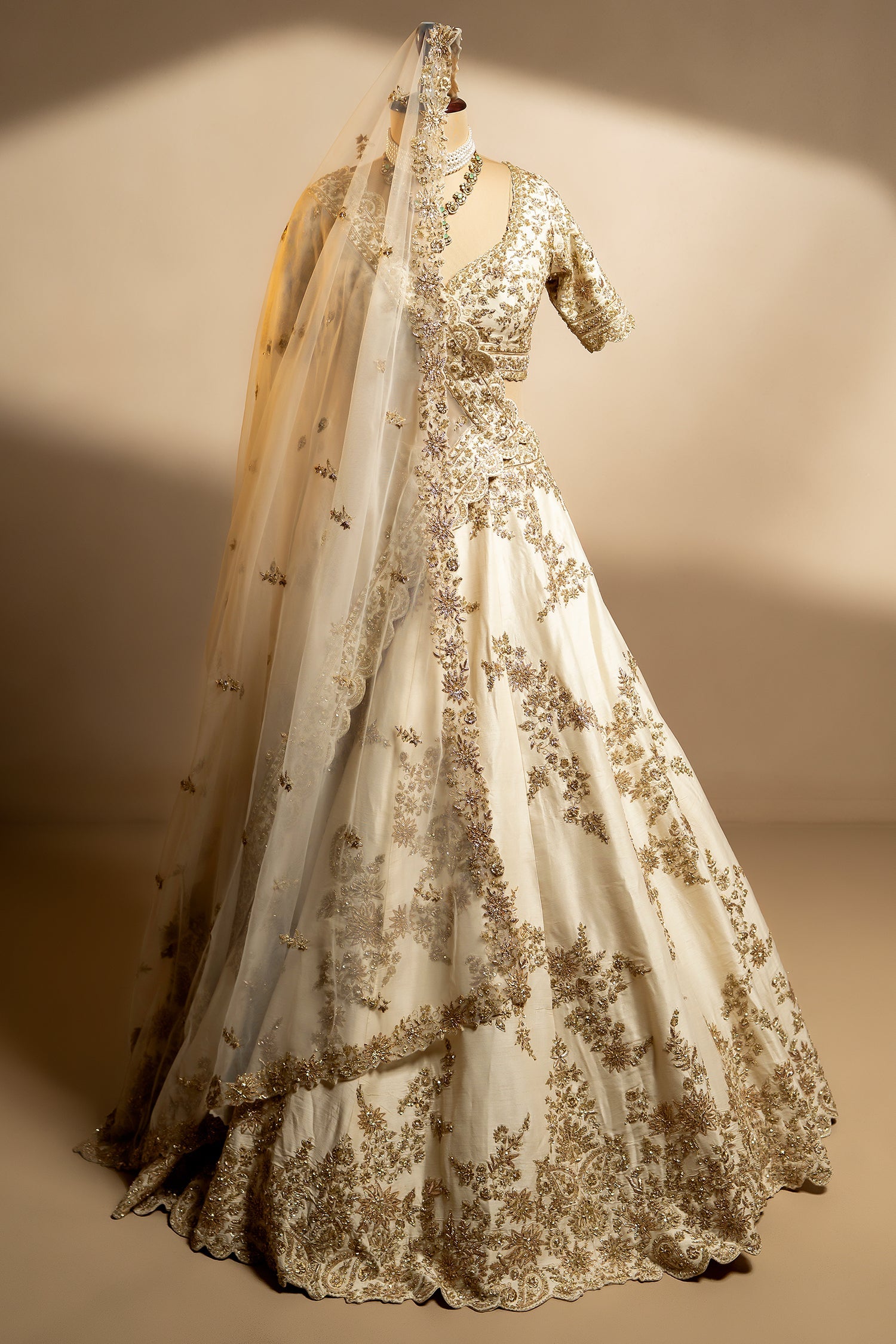 Pearl White Raw Silk Designer Zardosi Worked Lehenga with Double Dupatta - white silk saree