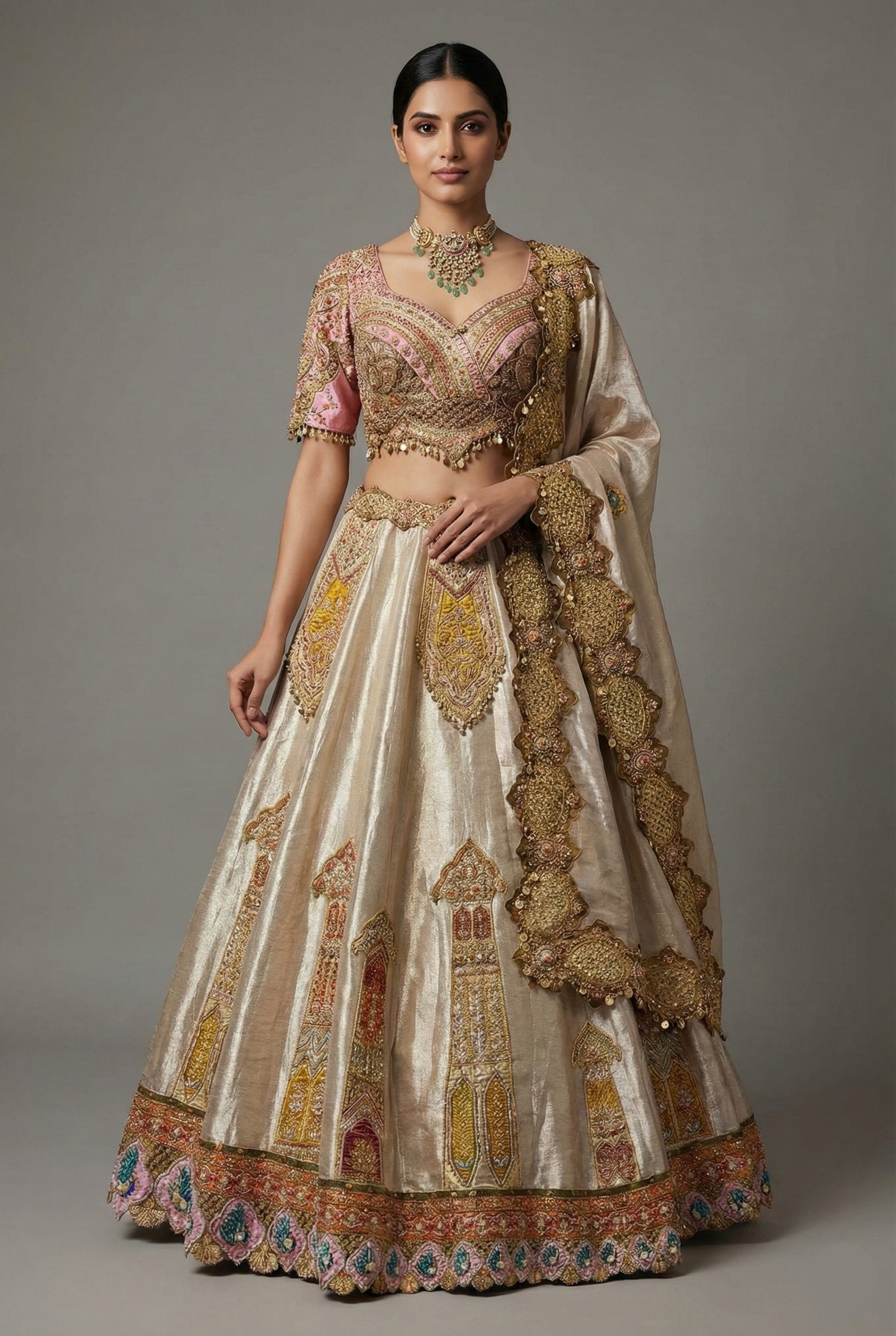 Golden Tissue Silk Desginer Embroidered and Zardosi Patch Worked Lehenga - red silk saree embroidered