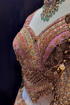 Golden Tissue Silk Desginer Embroidered and Zardosi Patch Worked Lehenga - red silk saree embroidered