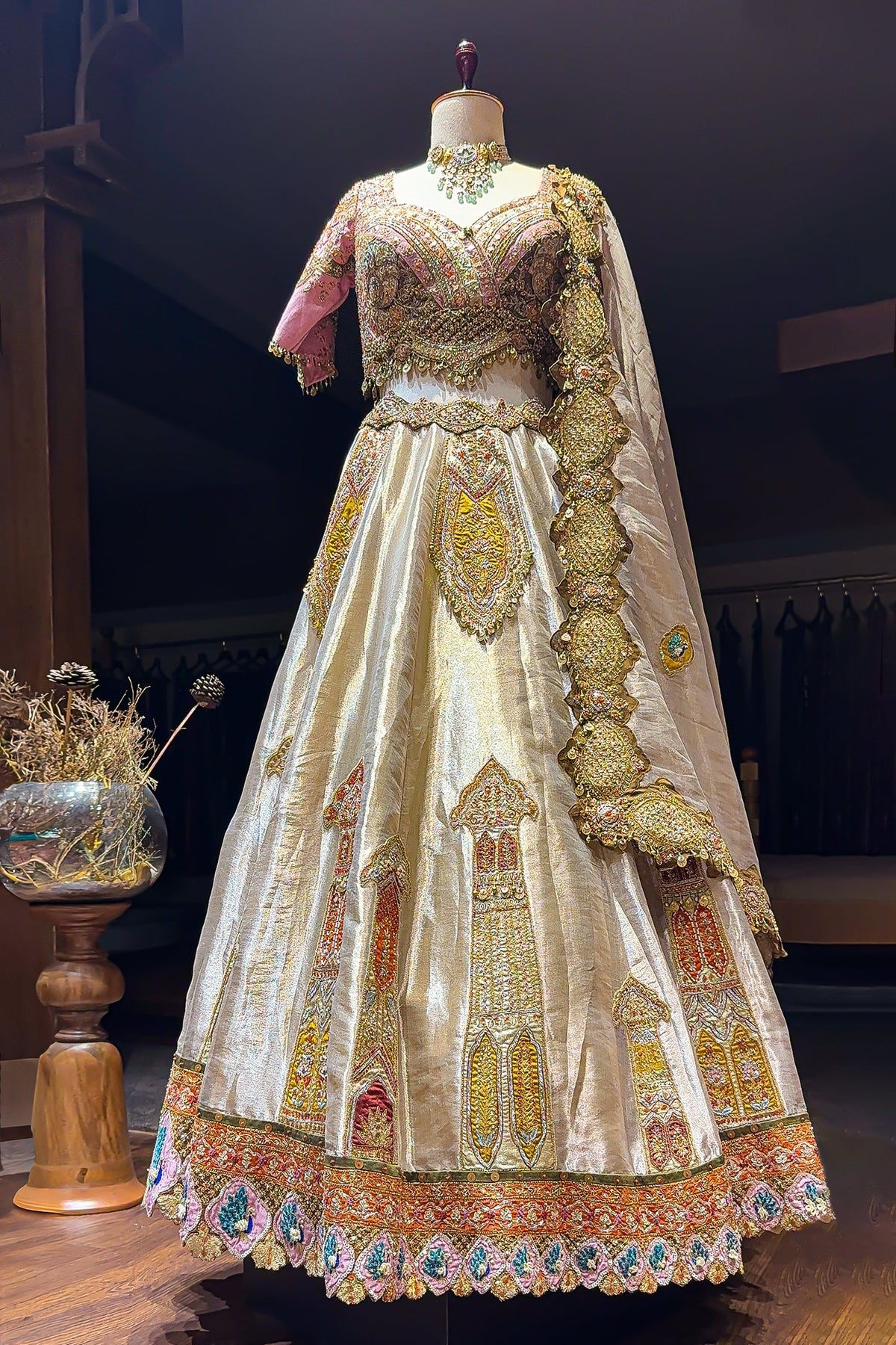 Golden Tissue Silk Desginer Embroidered and Zardosi Patch Worked Lehenga - red silk saree embroidered