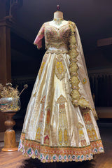 Golden Tissue Silk Desginer Embroidered and Zardosi Patch Worked Lehenga