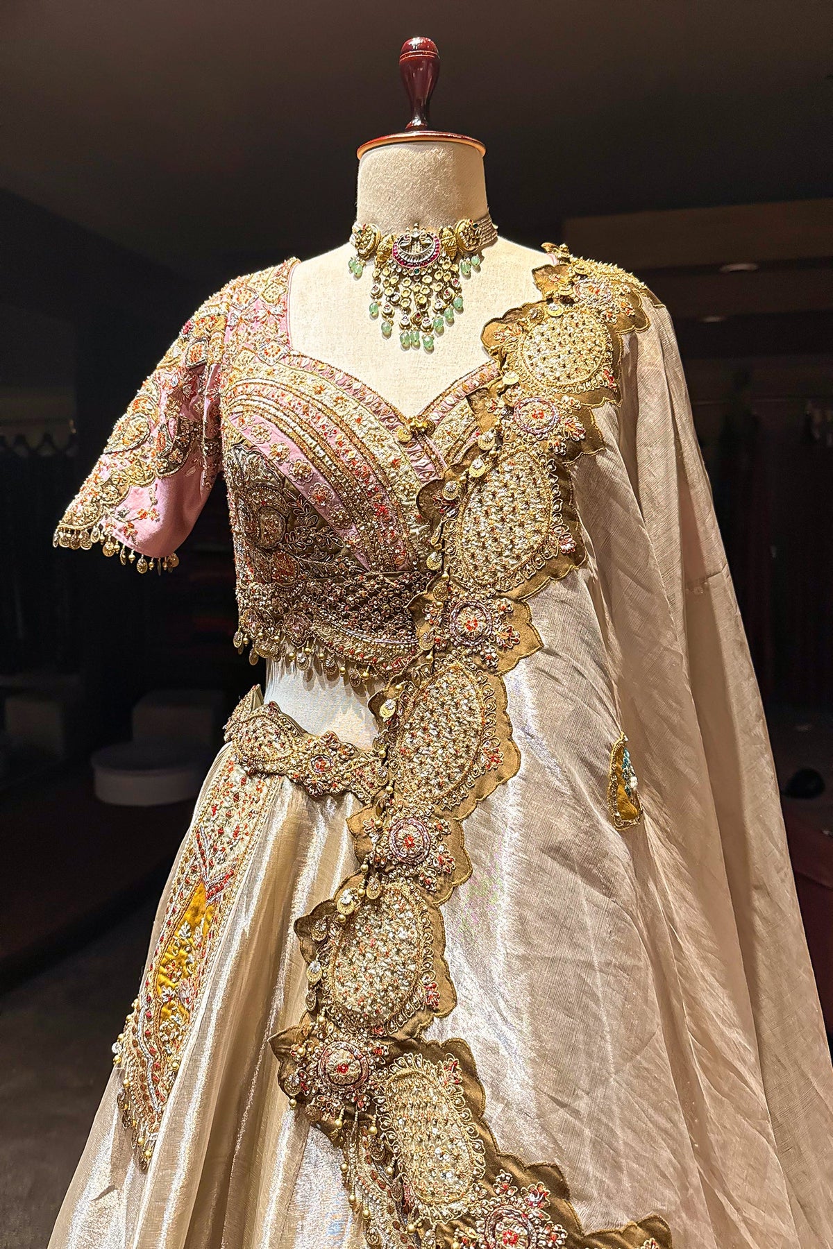 Golden Tissue Silk Desginer Embroidered and Zardosi Patch Worked Lehenga - red silk saree embroidered