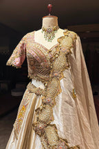 Golden Tissue Silk Desginer Embroidered and Zardosi Patch Worked Lehenga - red silk saree embroidered