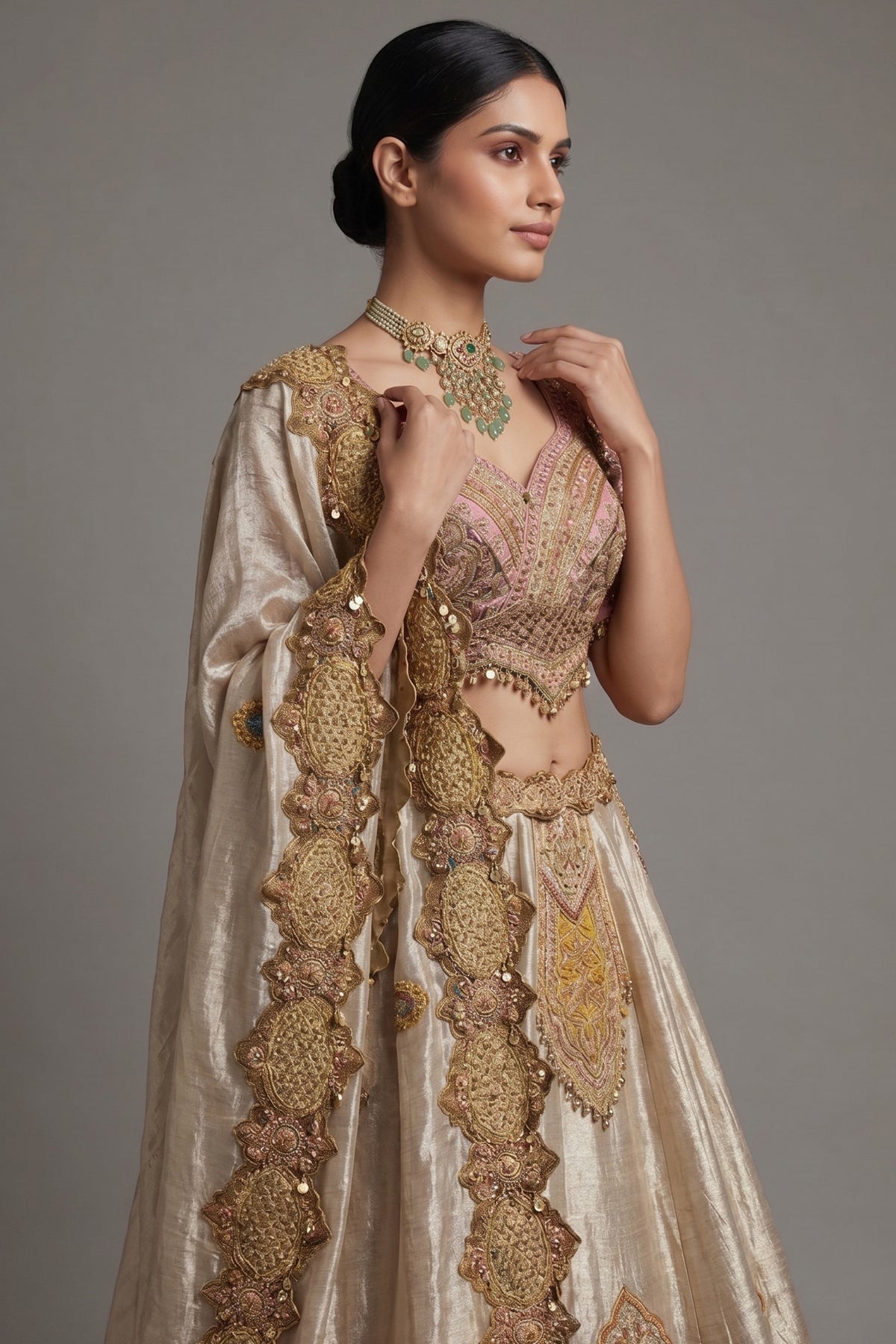 Golden Tissue Silk Desginer Embroidered and Zardosi Patch Worked Lehenga - red silk saree embroidered