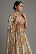 Golden Tissue Silk Desginer Embroidered and Zardosi Patch Worked Lehenga - red silk saree embroidered