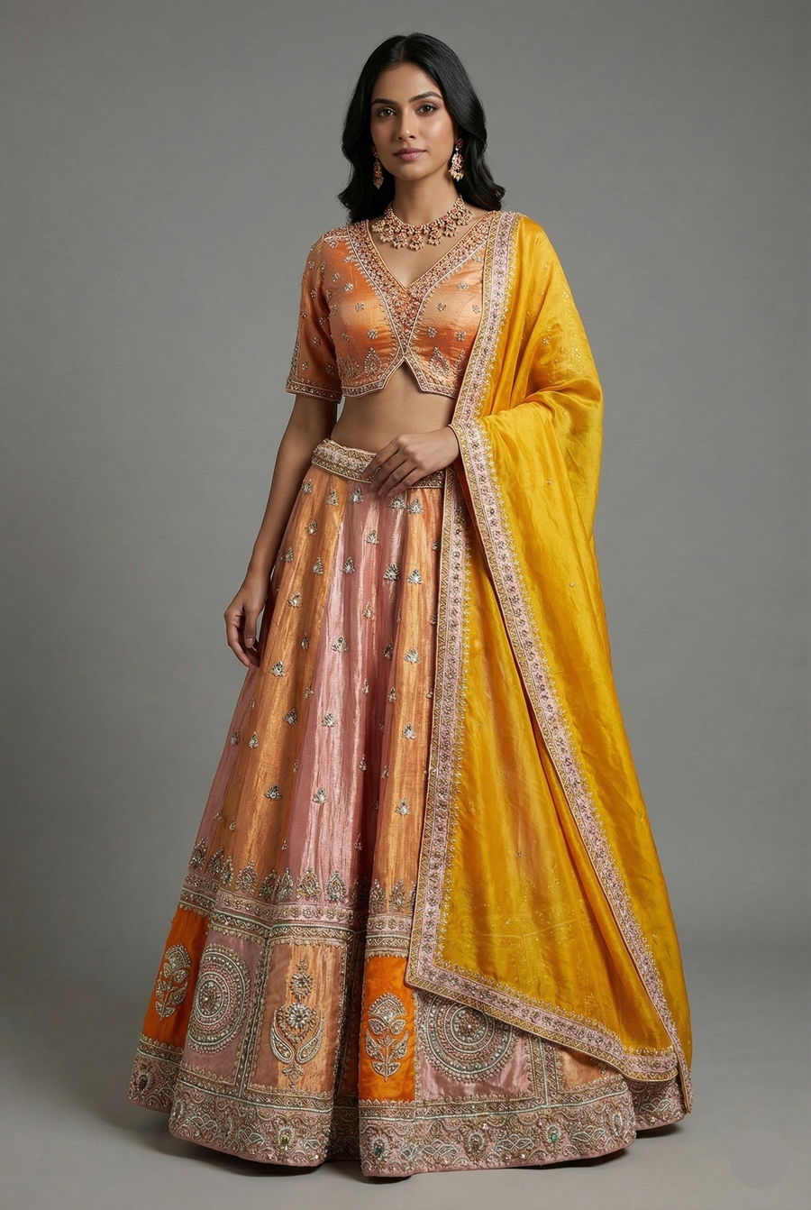 Multi Colored Tissue Silk Desginer Beaded and Zardosi Worked Lehenga - red silk saree