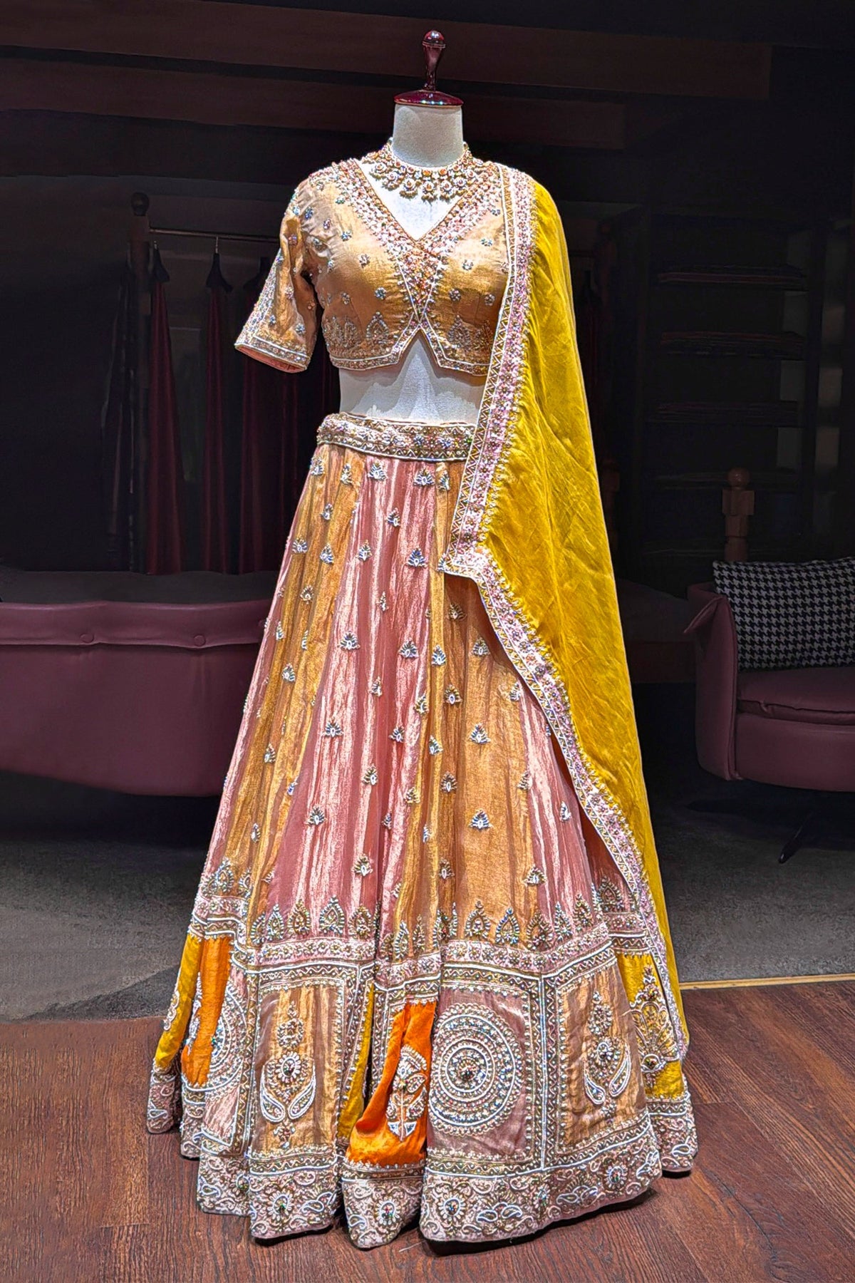 Multi Colored Tissue Silk Desginer Beaded and Zardosi Worked Lehenga - red silk saree