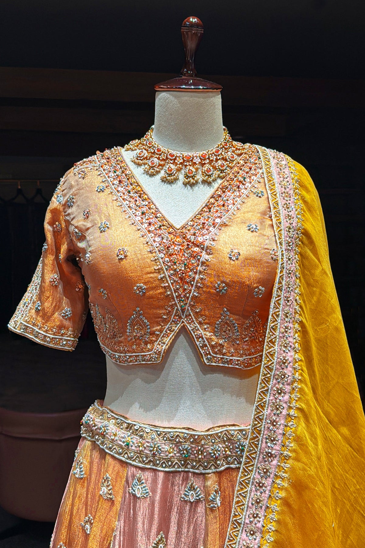 Multi Colored Tissue Silk Desginer Beaded and Zardosi Worked Lehenga - red silk saree