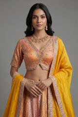 Multi Colored Tissue Silk Desginer Beaded and Zardosi Worked Lehenga - red silk saree