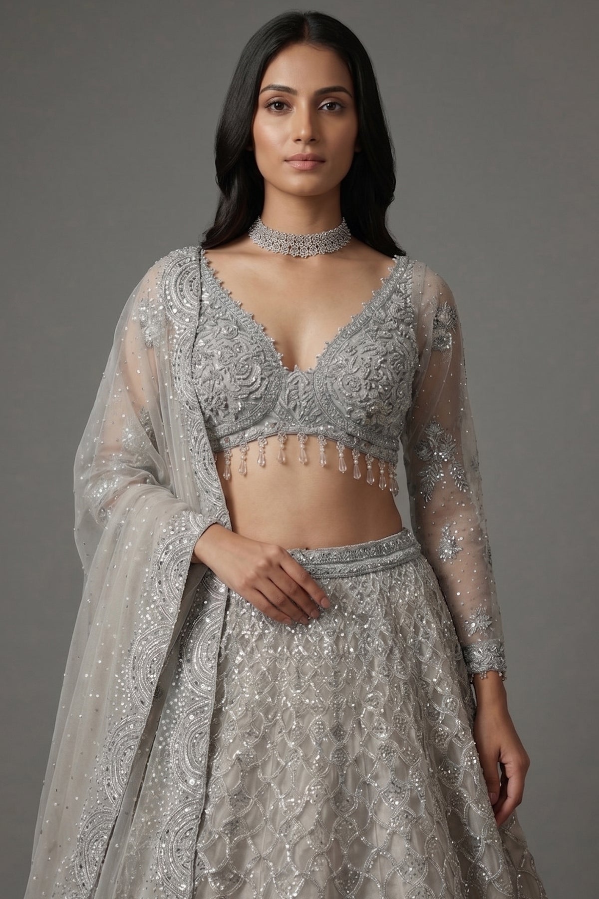 Grey Net Designer All Over Sequinned and Mirror Worked Lehenga - grey net saree