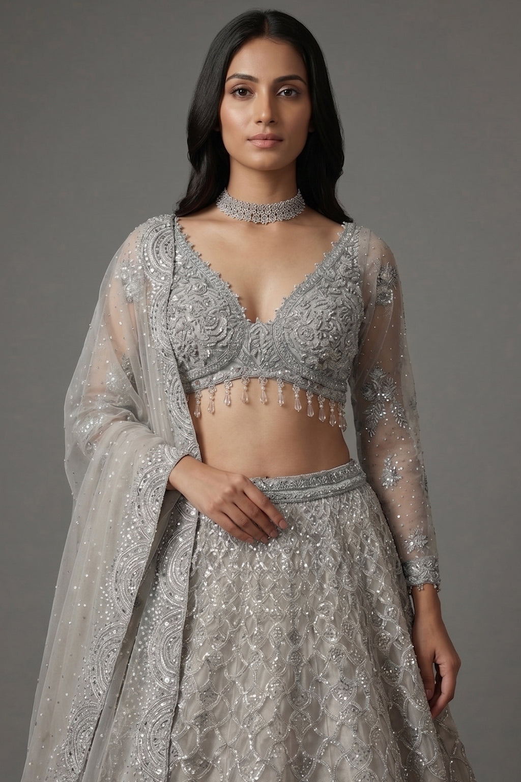 Grey Net Designer All Over Sequinned and Mirror Worked Lehenga - grey net saree