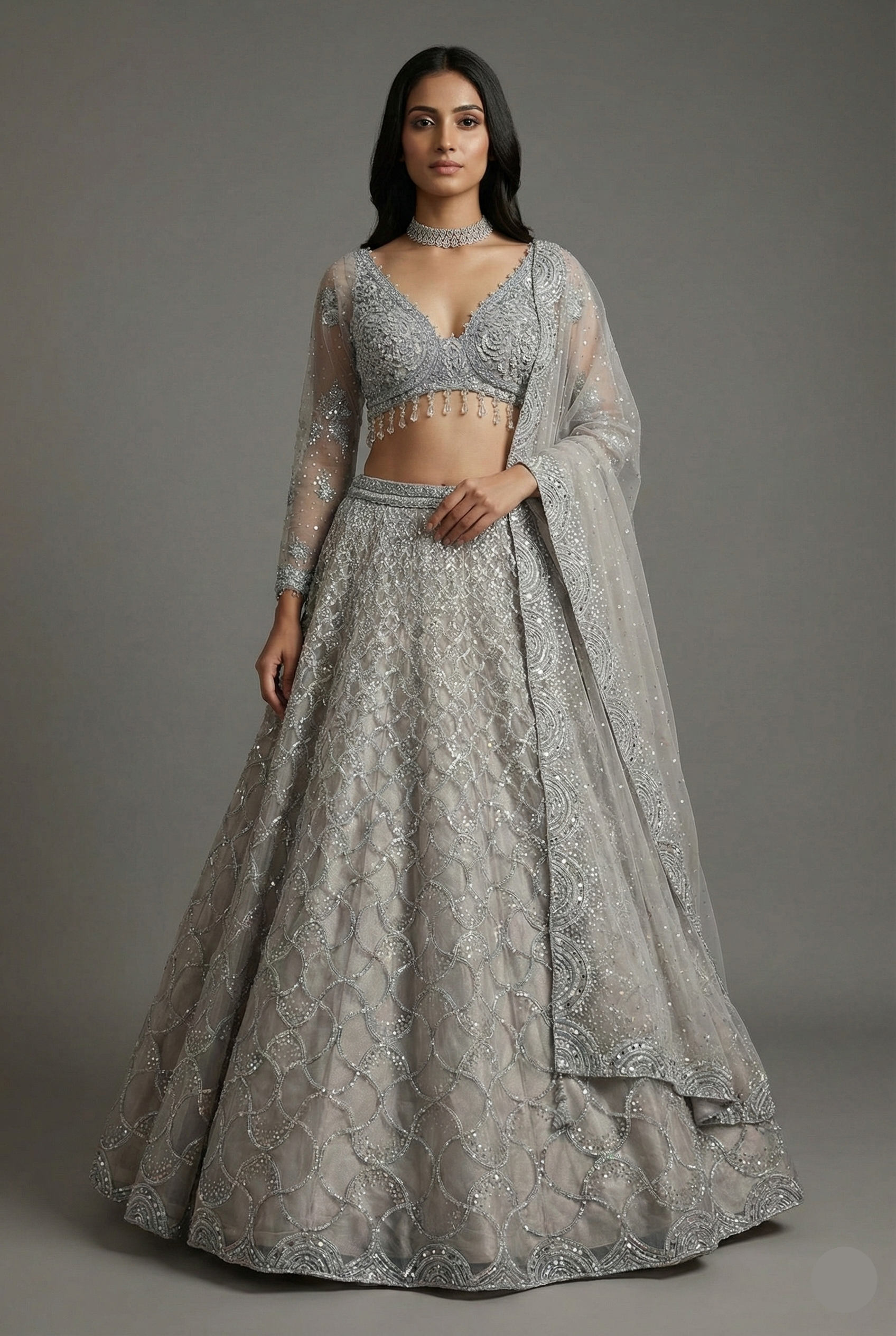 Grey Net Designer All Over Sequinned and Mirror Worked Lehenga - grey net saree Main image
