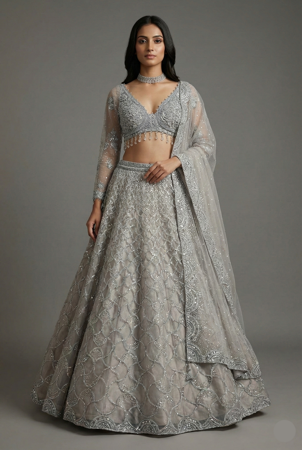 Grey Net Designer All Over Sequinned and Mirror Worked Lehenga - grey net saree