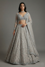 Grey Net Designer All Over Sequinned and Mirror Worked Lehenga - grey net saree