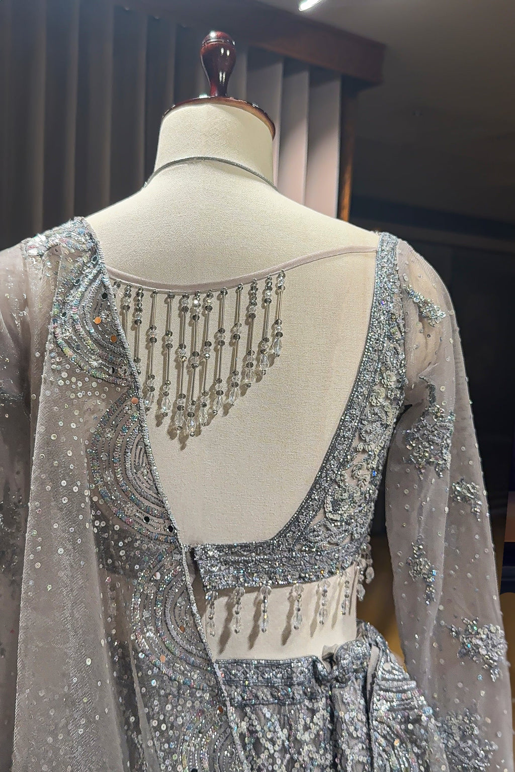 Grey Net Designer All Over Sequinned and Mirror Worked Lehenga - grey net saree