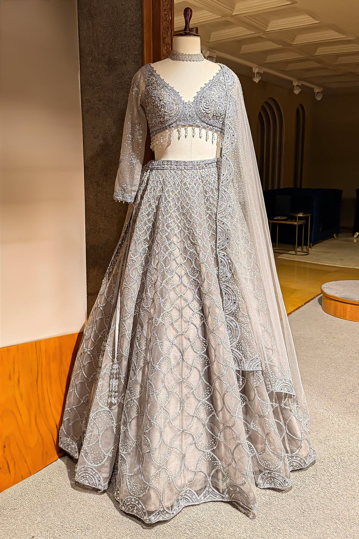 Grey Net Designer All Over Sequinned and Mirror Worked Lehenga
