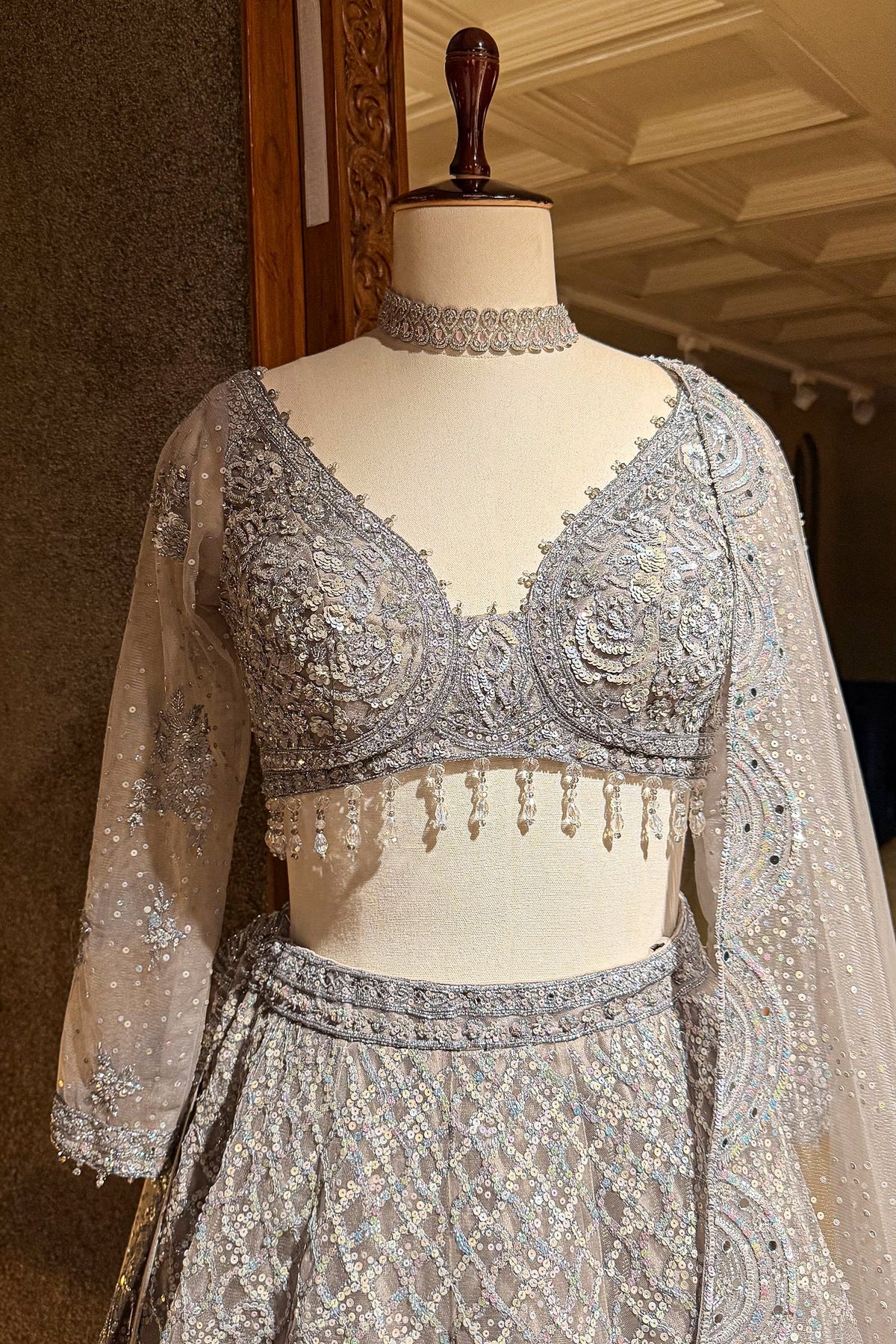 Grey Net Designer All Over Sequinned and Mirror Worked Lehenga - grey net saree
