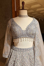Grey Net Designer All Over Sequinned and Mirror Worked Lehenga - grey net saree