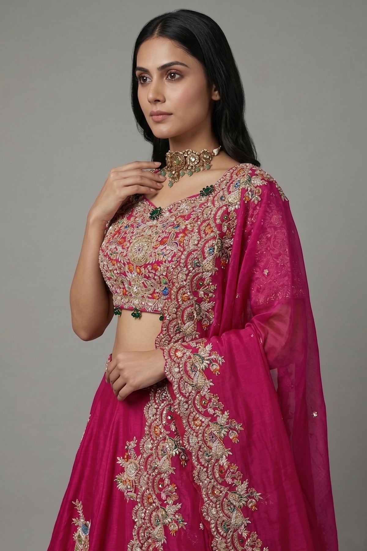 Pink Organza Lehenga with Beads and Zardosi Worked Peacock Motif Butta - pink organza saree
