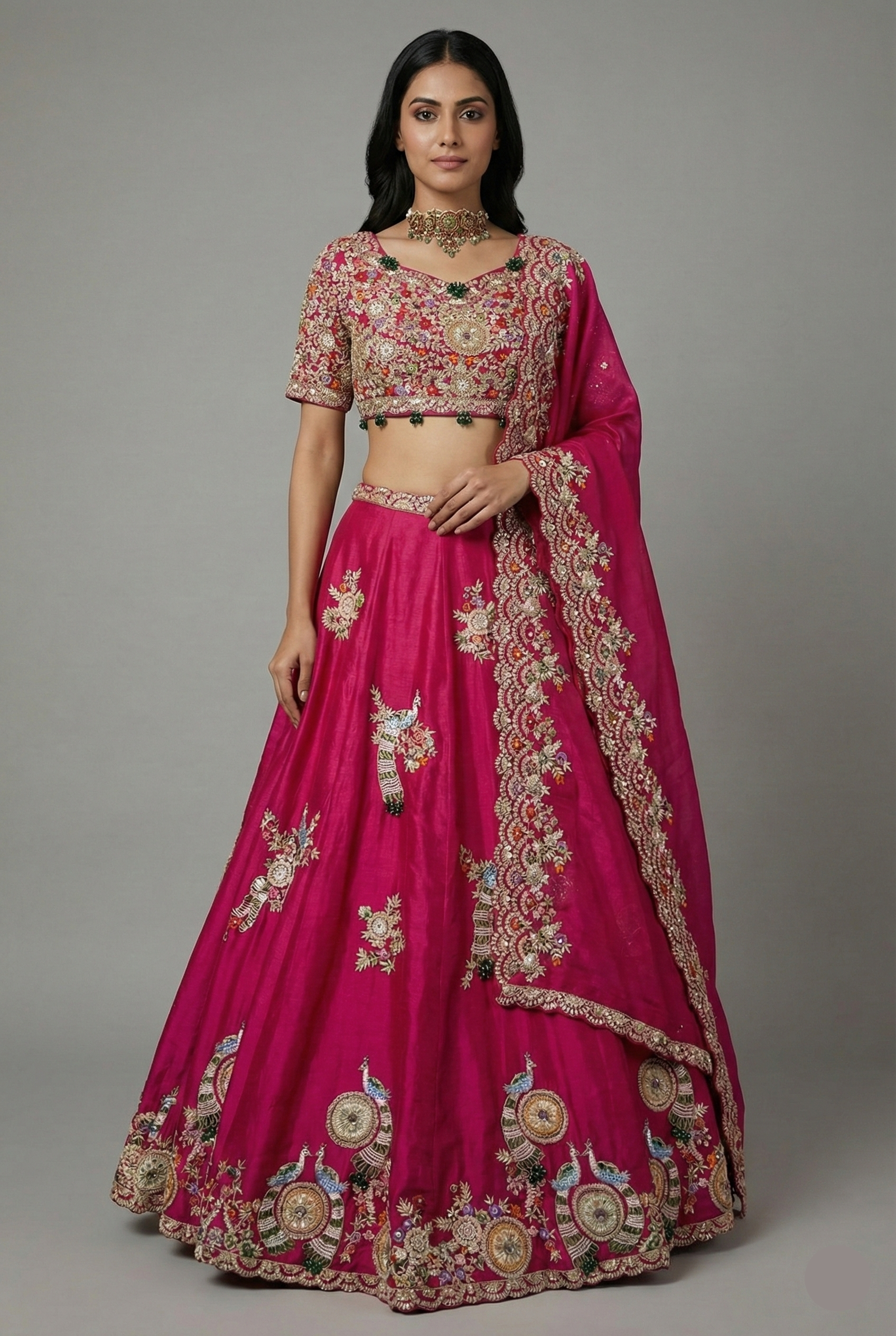 Pink Organza Lehenga with Beads and Zardosi Worked Peacock Motif Butta - pink organza saree
