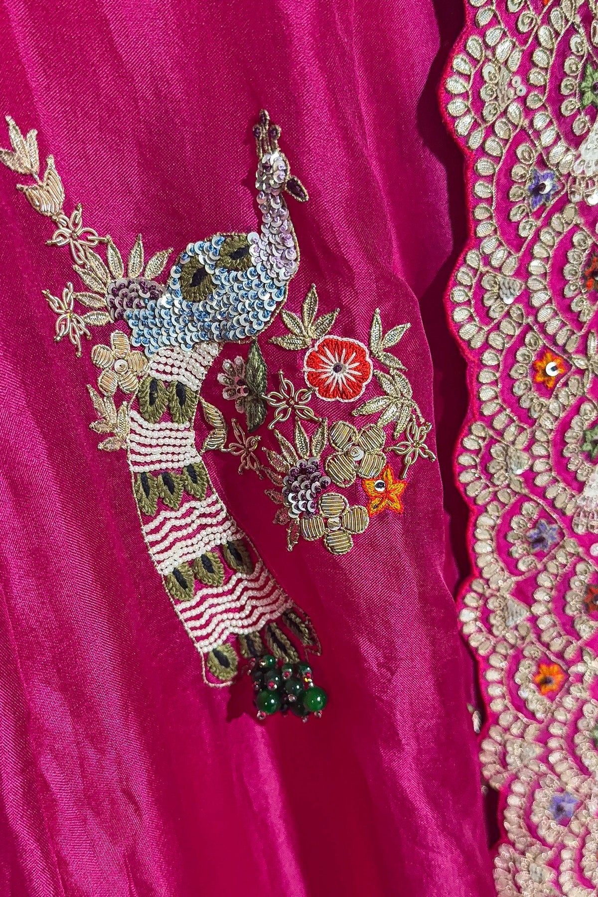 Pink Organza Lehenga with Beads and Zardosi Worked Peacock Motif Butta - pink organza saree