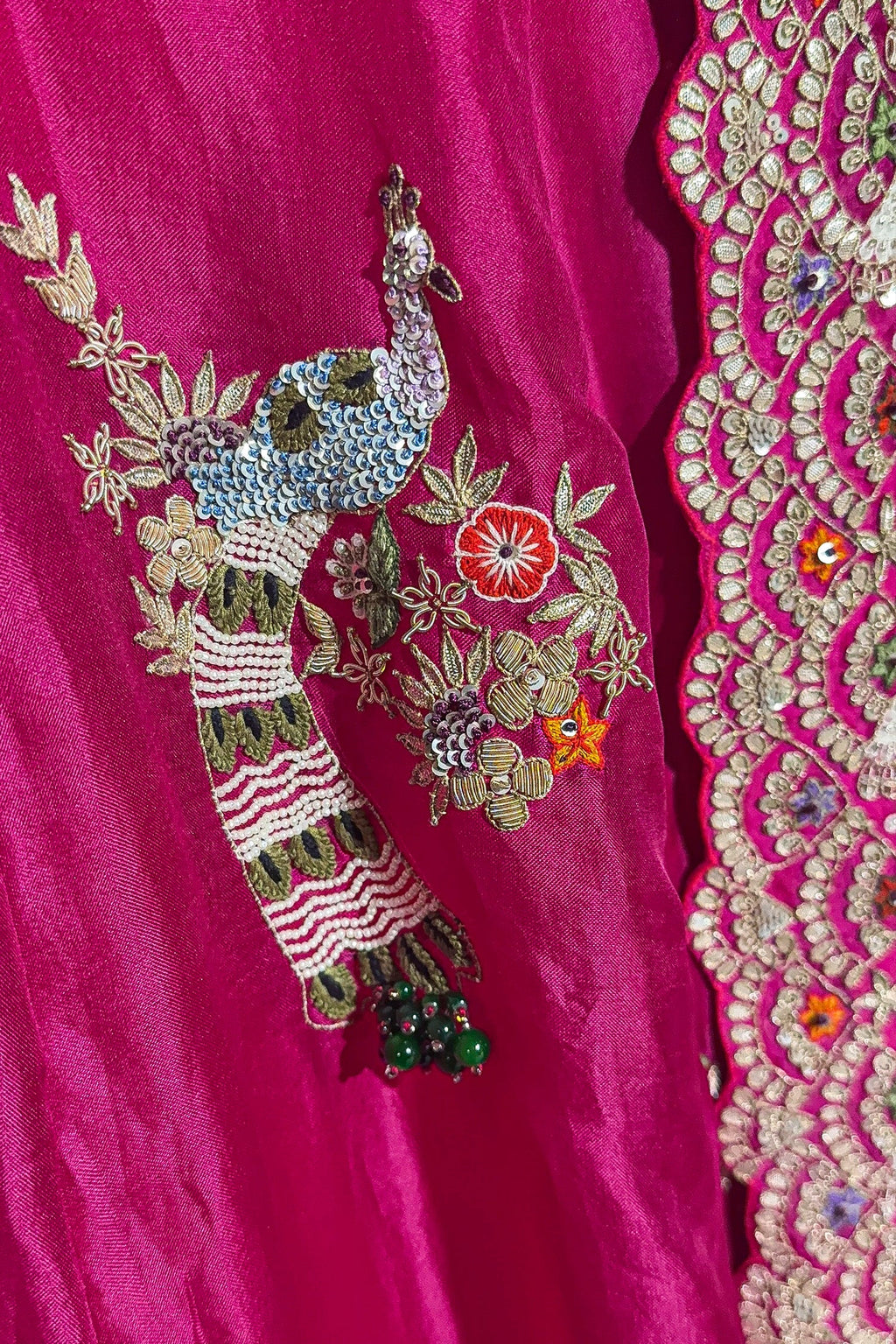 Pink Organza Lehenga with Beads and Zardosi Worked Peacock Motif Butta - pink organza saree