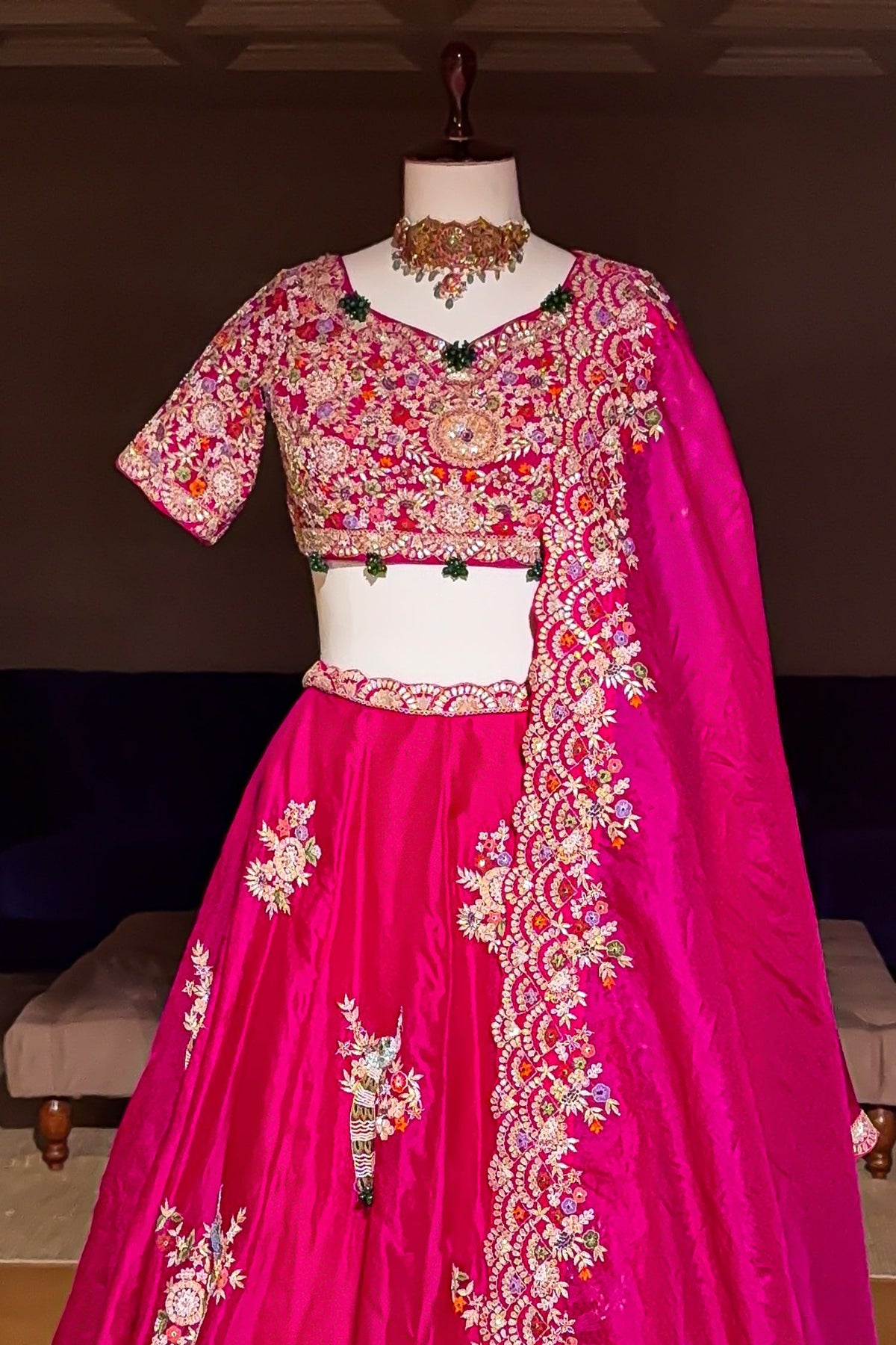 Pink Organza Lehenga with Beads and Zardosi Worked Peacock Motif Butta - pink organza saree