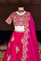 Pink Organza Lehenga with Beads and Zardosi Worked Peacock Motif Butta - pink organza saree
