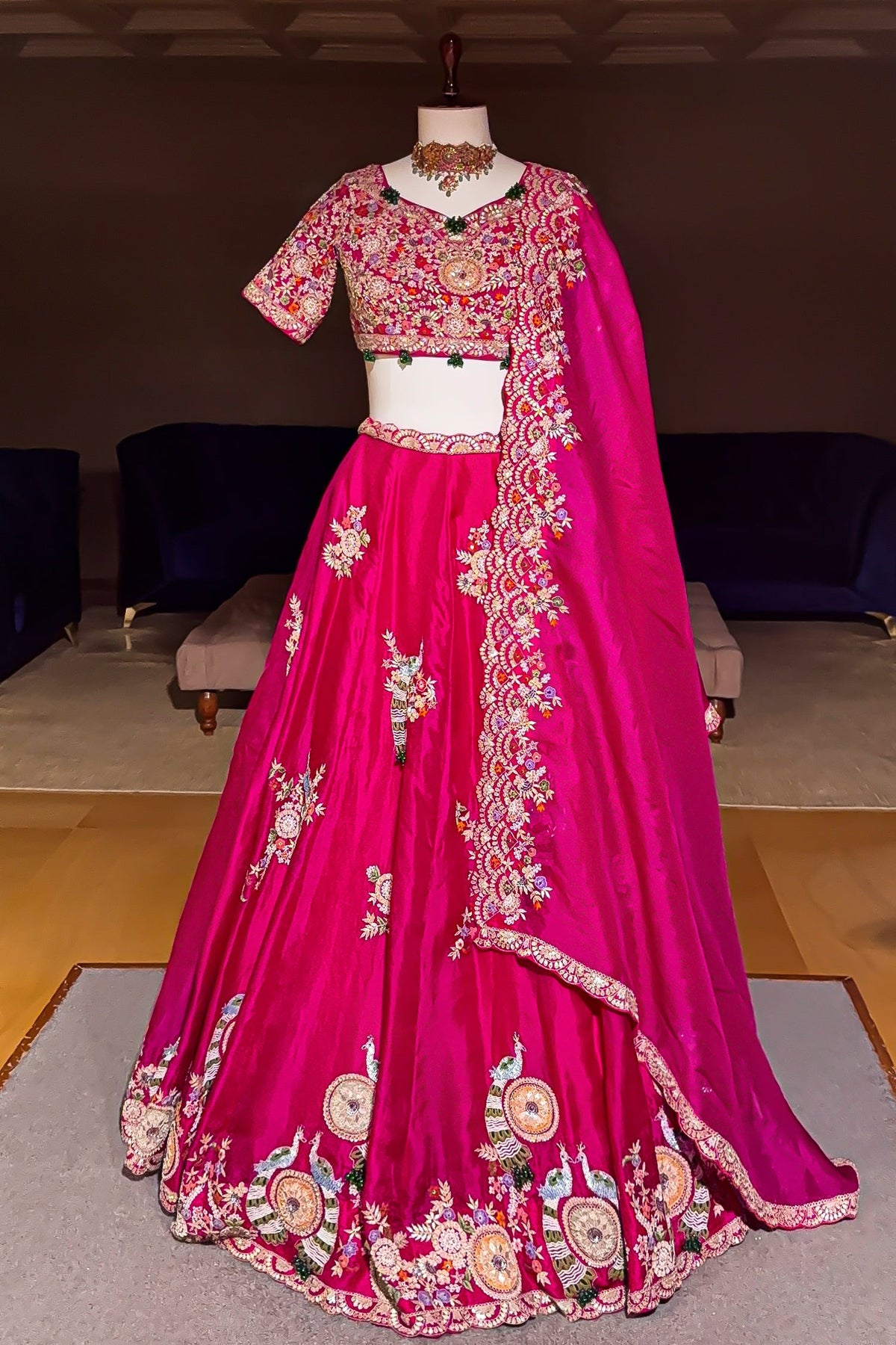 Pink Organza Lehenga with Beads and Zardosi Worked Peacock Motif Butta - pink organza saree