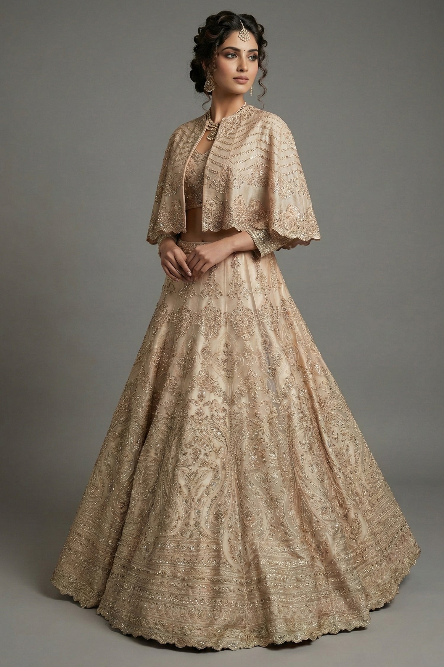 Light Peach Organza Cutdana Worked Crop Top Lehenga with Cape Jacket - peach organza saree