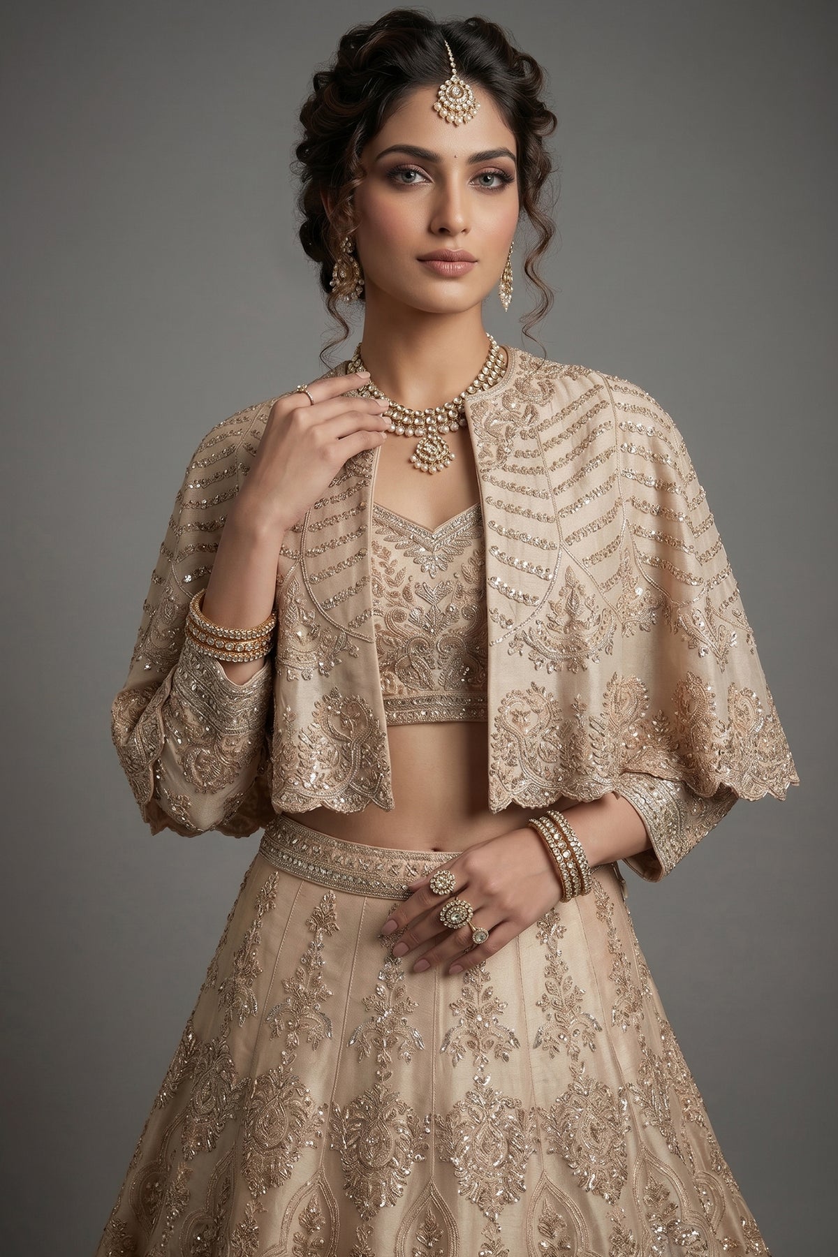 Light Peach Organza Cutdana Worked Crop Top Lehenga with Cape Jacket - peach organza saree