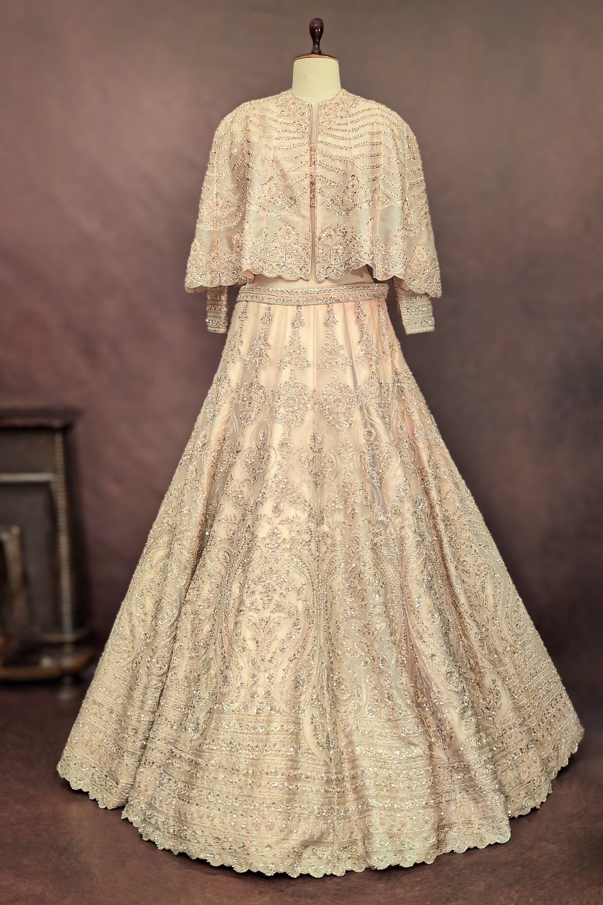 Light Peach Organza Cutdana Worked Crop Top Lehenga with Cape Jacket - peach organza saree