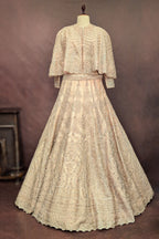 Light Peach Organza Cutdana Worked Crop Top Lehenga with Cape Jacket - peach organza saree