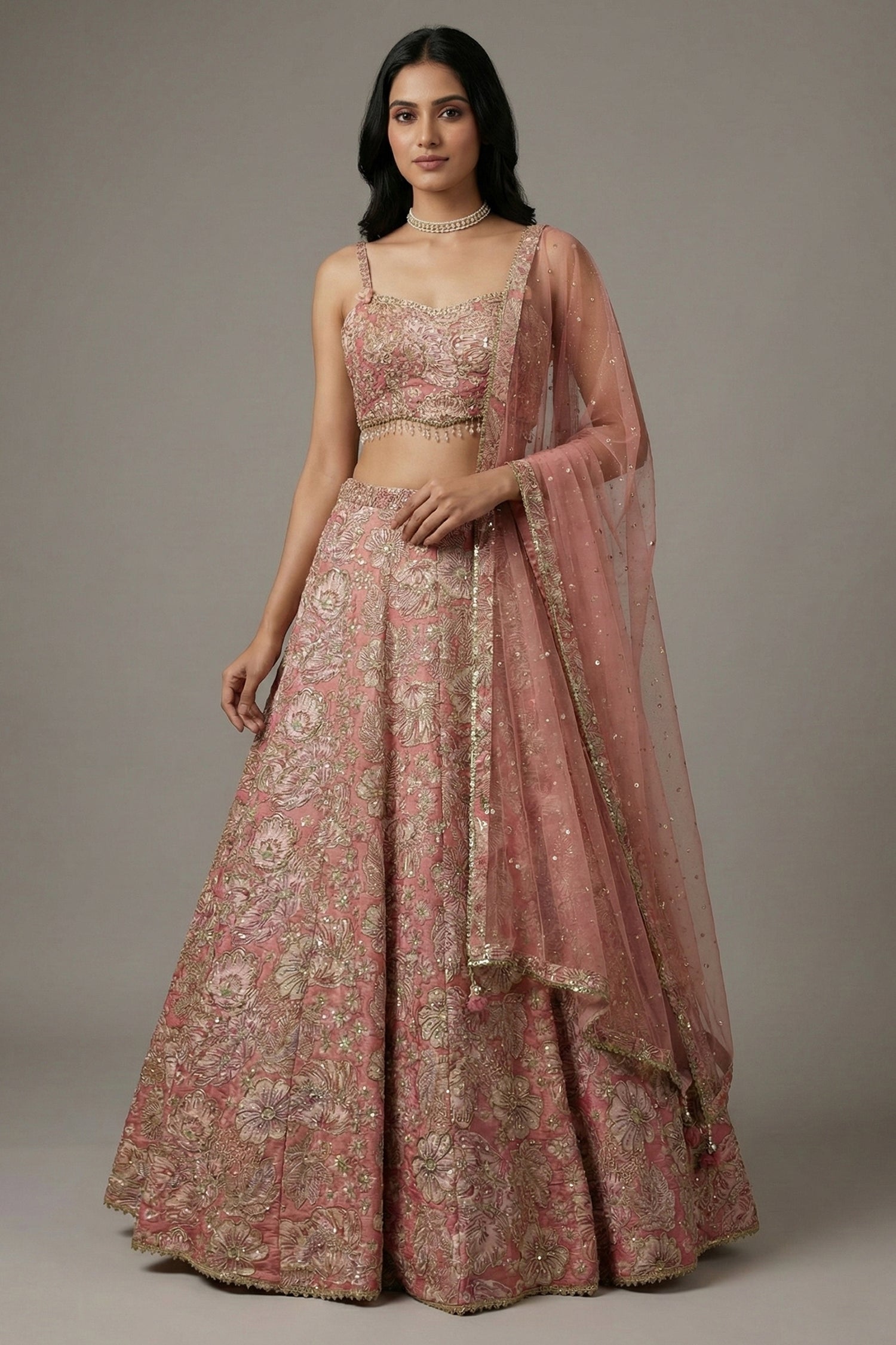 Pink Tissue Organza Floral Printed Lehenga with Cutdana Sequin Work - pink organza saree