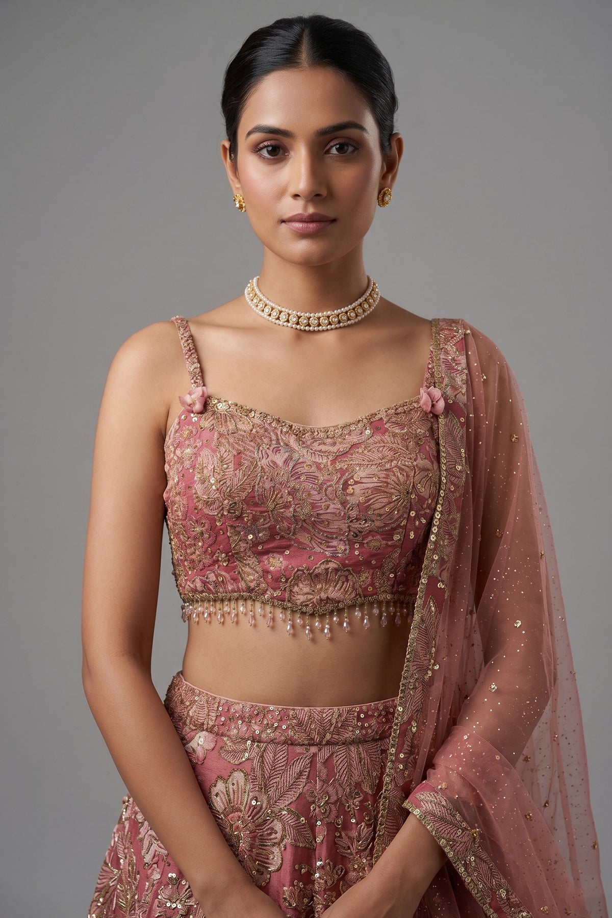 Pink Tissue Organza Floral Printed Lehenga with Cutdana Sequin Work - pink organza saree