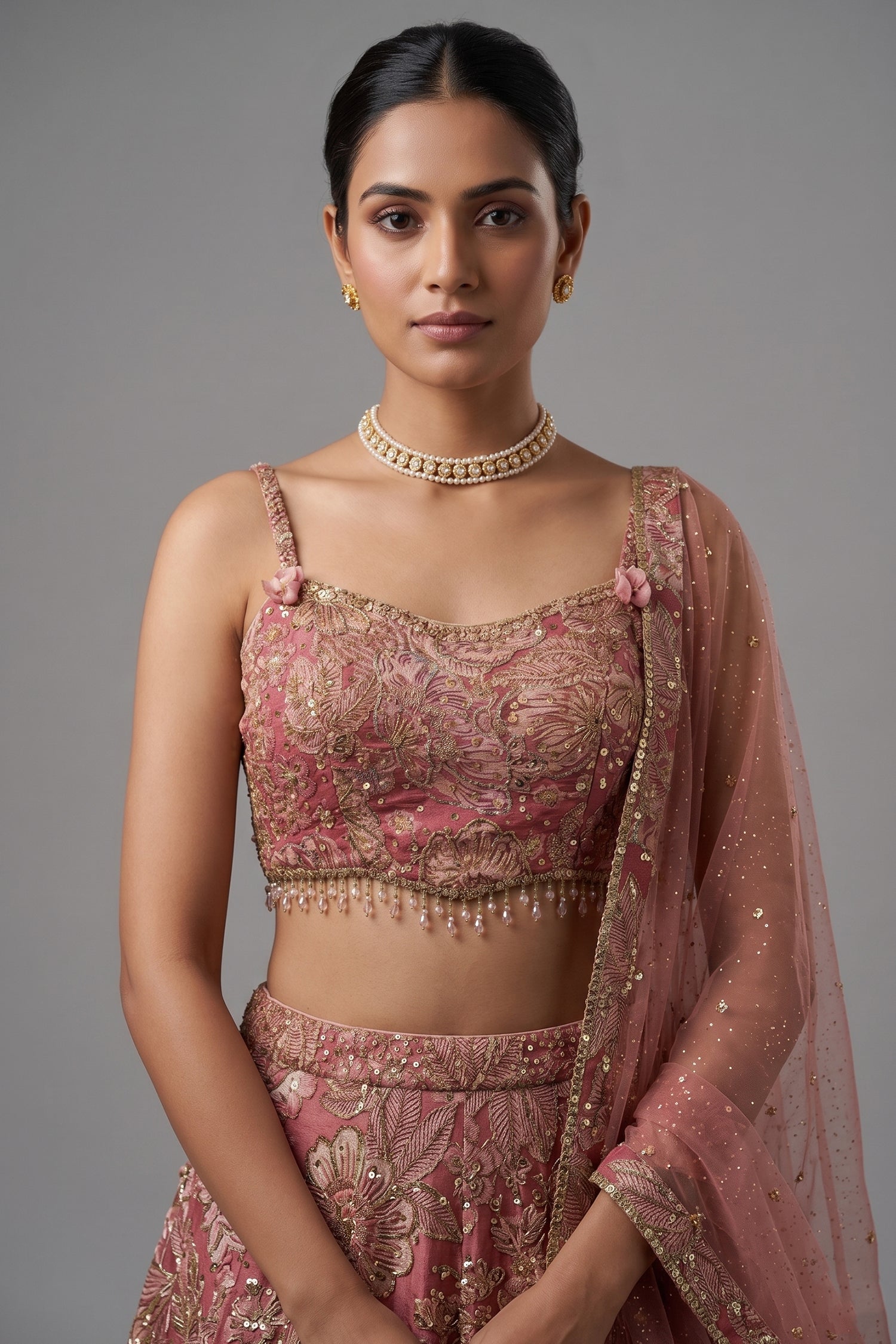 Pink Tissue Organza Floral Printed Lehenga with Cutdana Sequin Work - pink organza saree