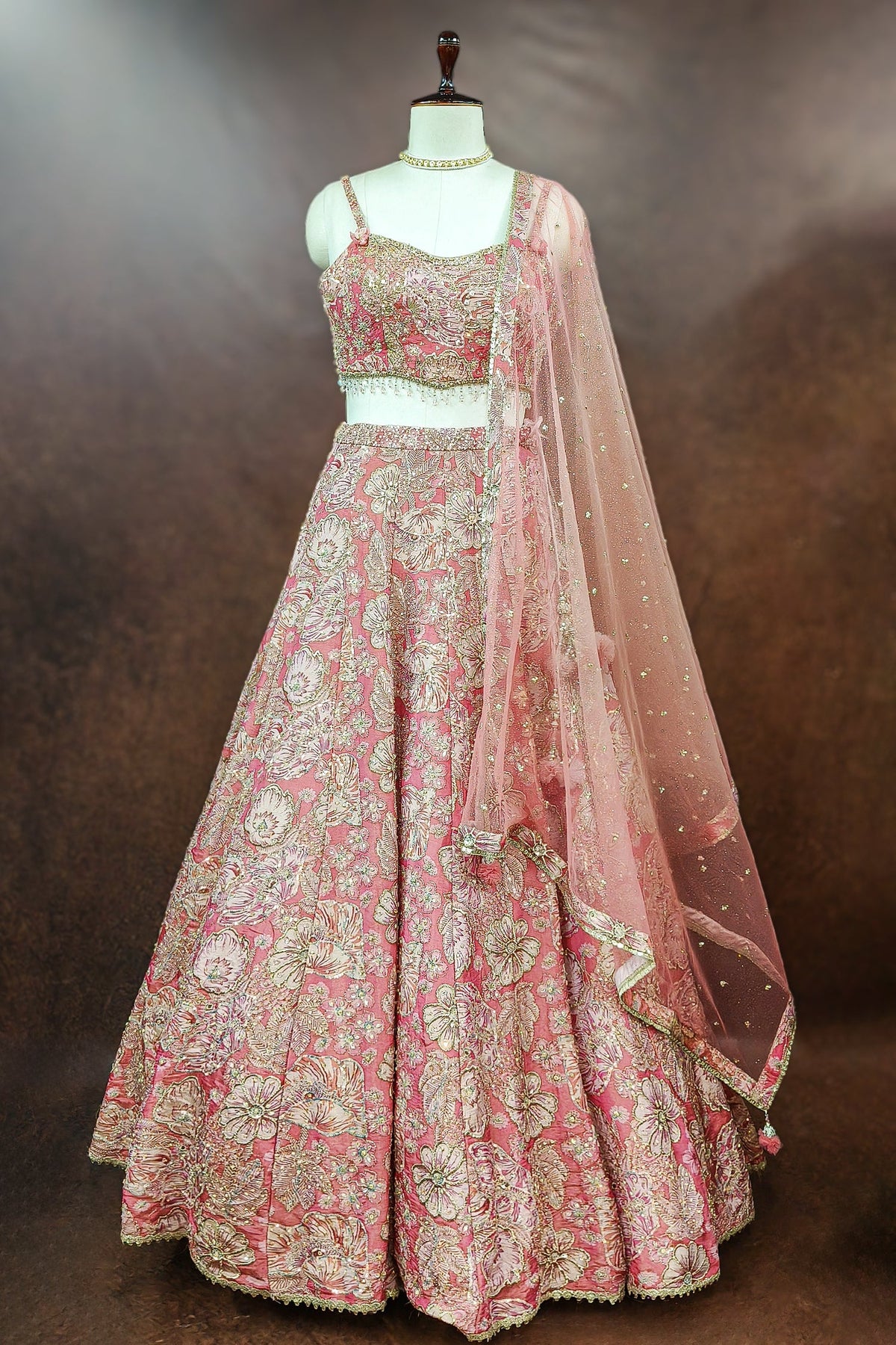 Pink Tissue Organza Floral Printed Lehenga with Cutdana Sequin Work - pink organza saree
