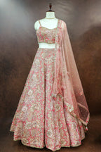 Pink Tissue Organza Floral Printed Lehenga with Cutdana Sequin Work - pink organza saree