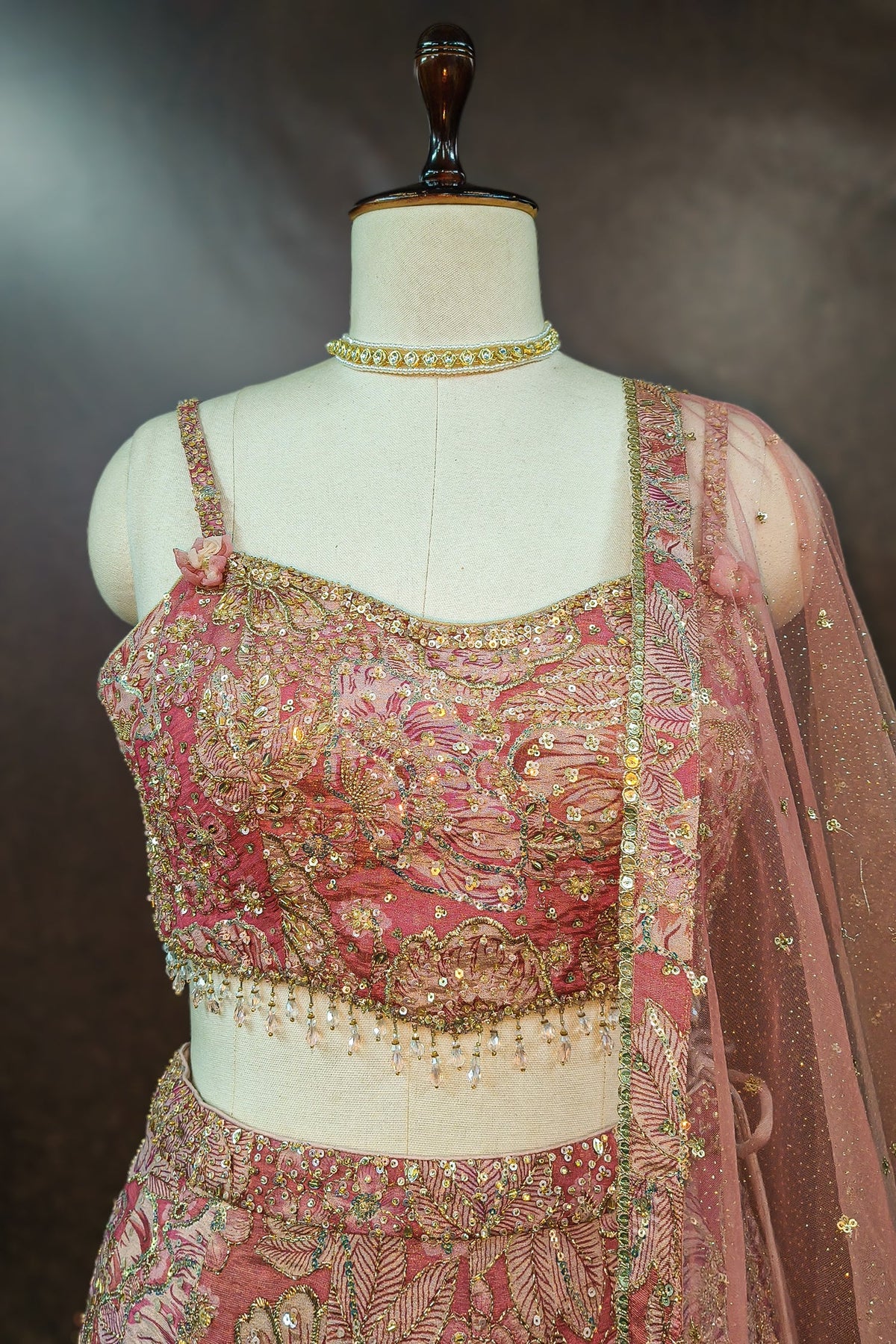 Pink Tissue Organza Floral Printed Lehenga with Cutdana Sequin Work - pink organza saree