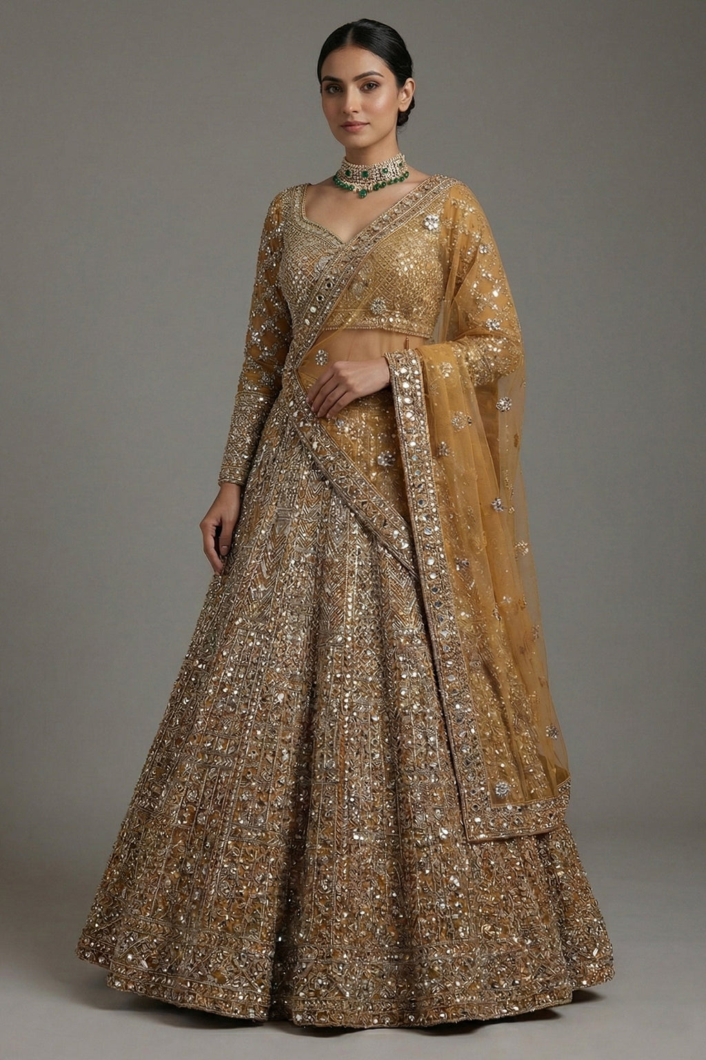 Golden Net Sequins Cutdana Worked Designer Lehenga - gold net saree