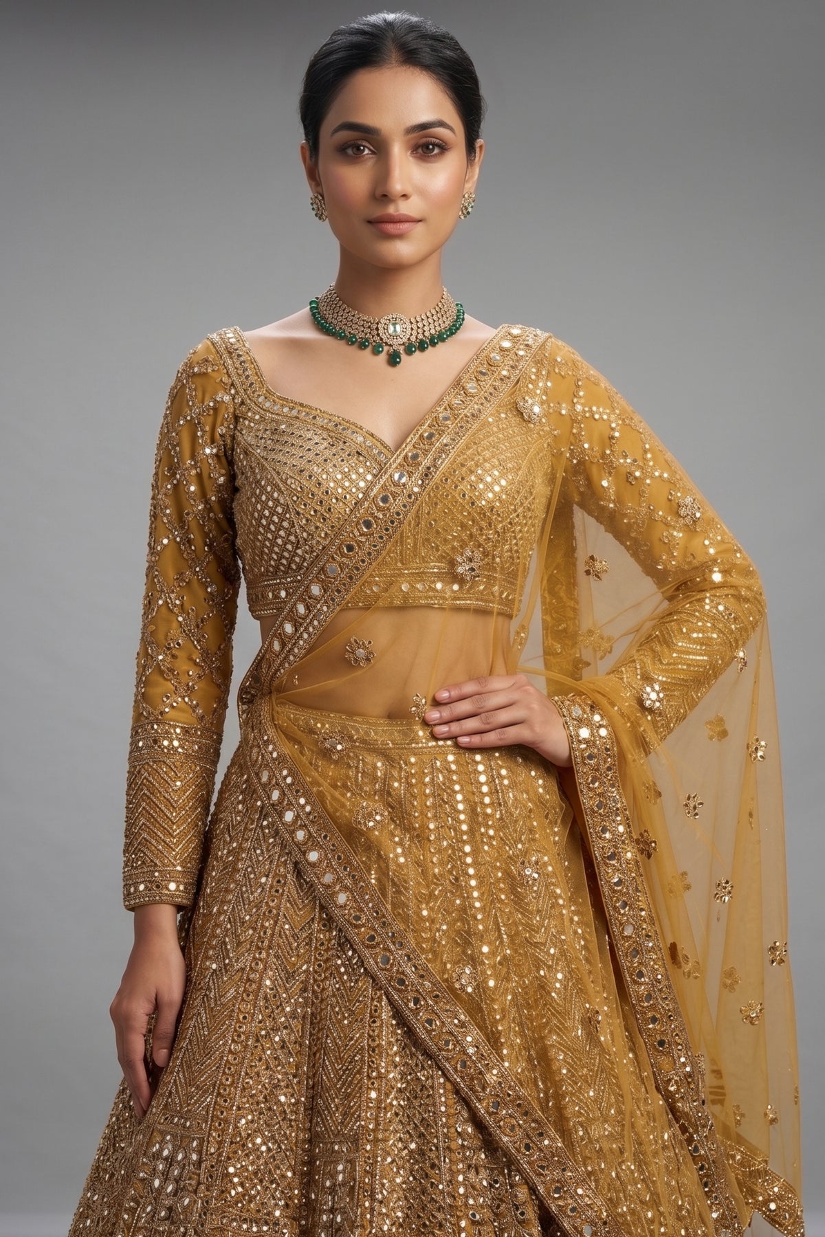 Golden Net Sequins Cutdana Worked Designer Lehenga - gold net saree