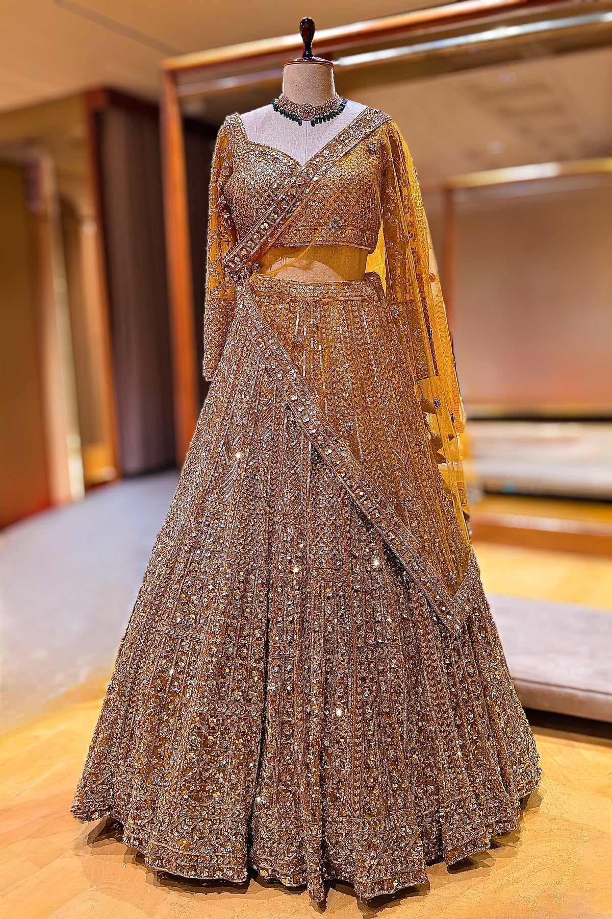Golden Net Sequins Cutdana Worked Designer Lehenga - gold net saree