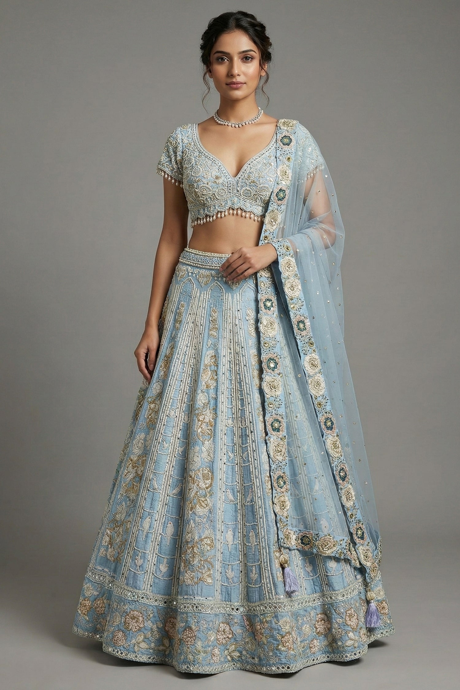 Light Blue Silk All Over Beaded and Mirror Worked Lehenga - blue silk saree Main image